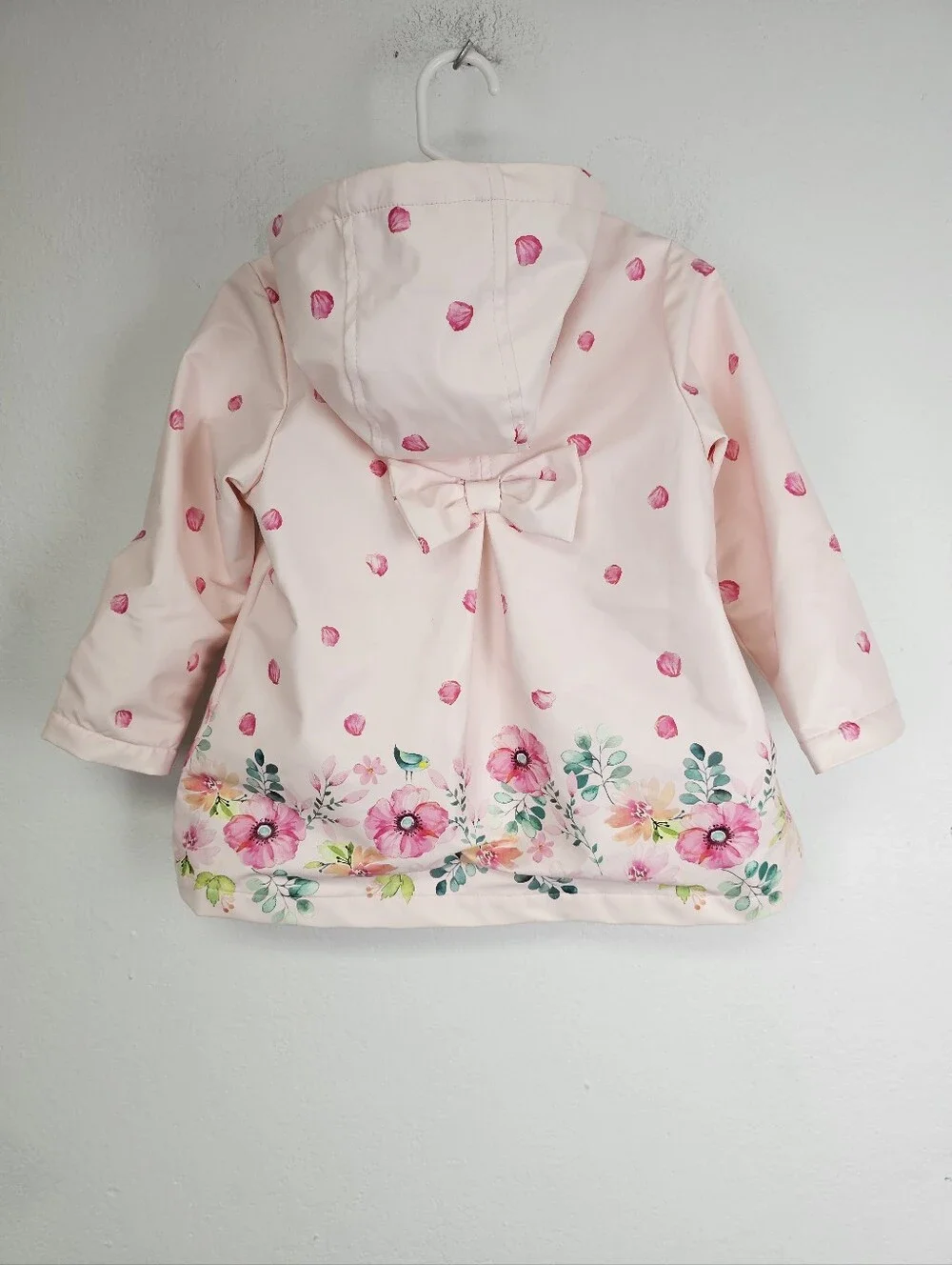 Girls' Pink Floral Hooded Rain Jacket Slicker Zip Front Sz 24 Months